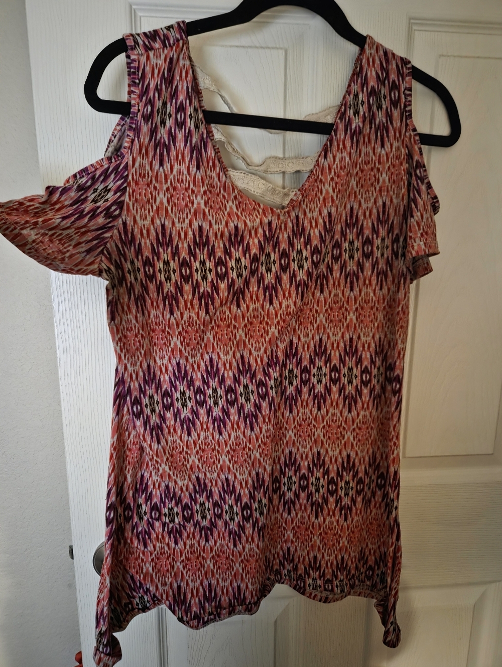 Red David Sleeveless Printed Tank with Lace Trim - Orange & Purple Ikat Size L